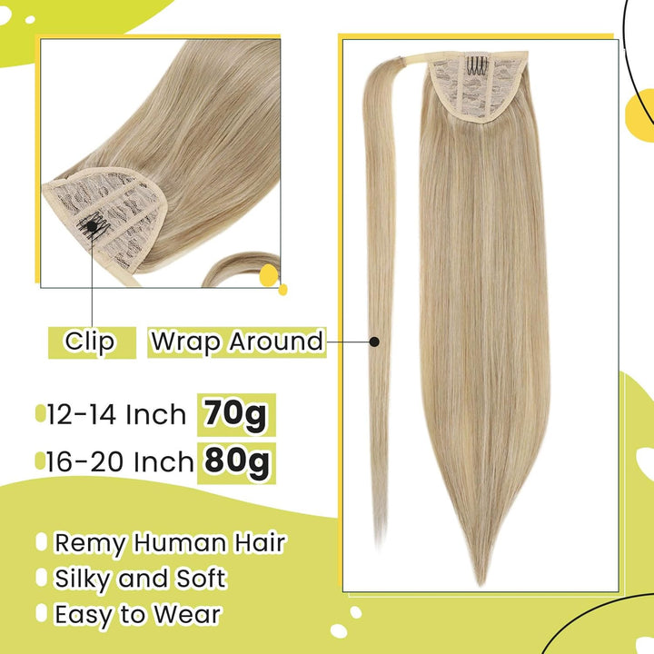 RUNATURE Blond Extensions Echthaar Zopf Highlights 45cm Unsichtbar Pferdeschwanz Ponytail Extensions