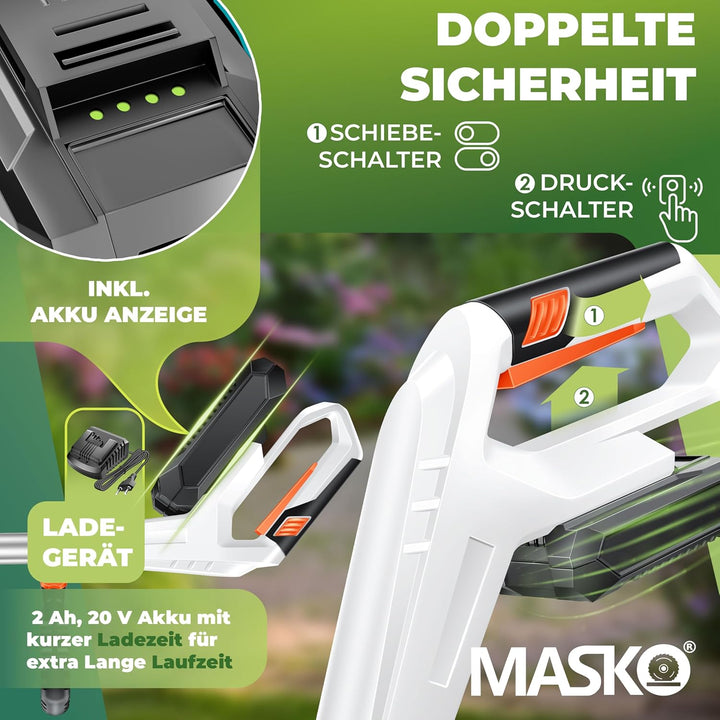 MASKO® Akku-Rasentrimmer mit 20 V Li-Ion Akku, 2,0 Ah Akku und Ladegerät, Motorsense 260mm Schnittbr