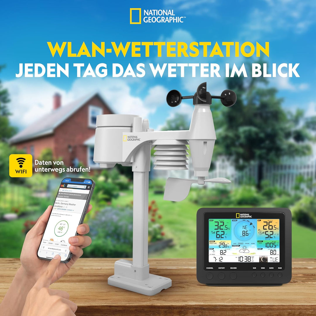 National Geographic Wetterstation Funk mit Aussensensor WLAN Farbwettercenter mit 7-in-1 Profi-Senso
