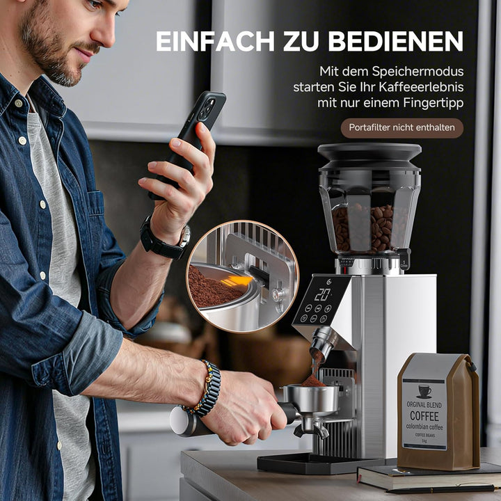 AMZCHEF Kaffeemühle mit 45 Mahlgraden, Edelstahl, Plasma Anti-Statik System, Speicherfunktion, LED-T