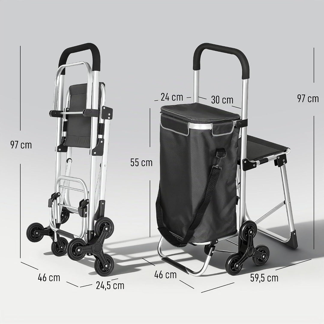 HOMCOM 3-in-1 Einkaufstrolley Klappbar mit Sitz 40L Kapazität Duneklgrau Dunkelgrau, Dunkelgrau