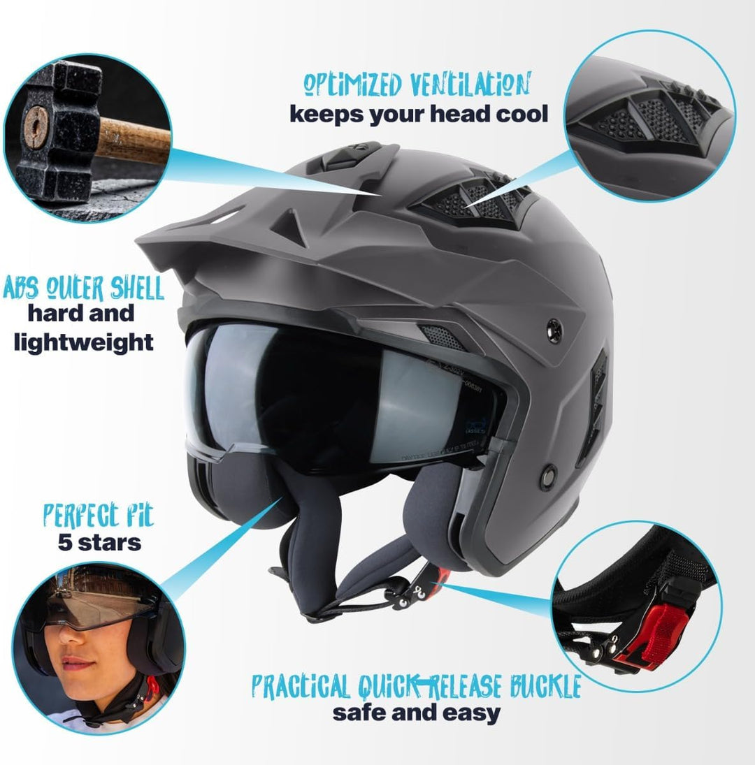 VINZ Kioto Jethelm / Streetfighter Helm | ECE 22.06 zugelassen | Rollerhelm mit Sonnenvisier / Sonne