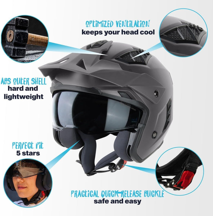 VINZ Kioto Jethelm / Streetfighter Helm | ECE 22.06 zugelassen | Rollerhelm mit Sonnenvisier / Sonne