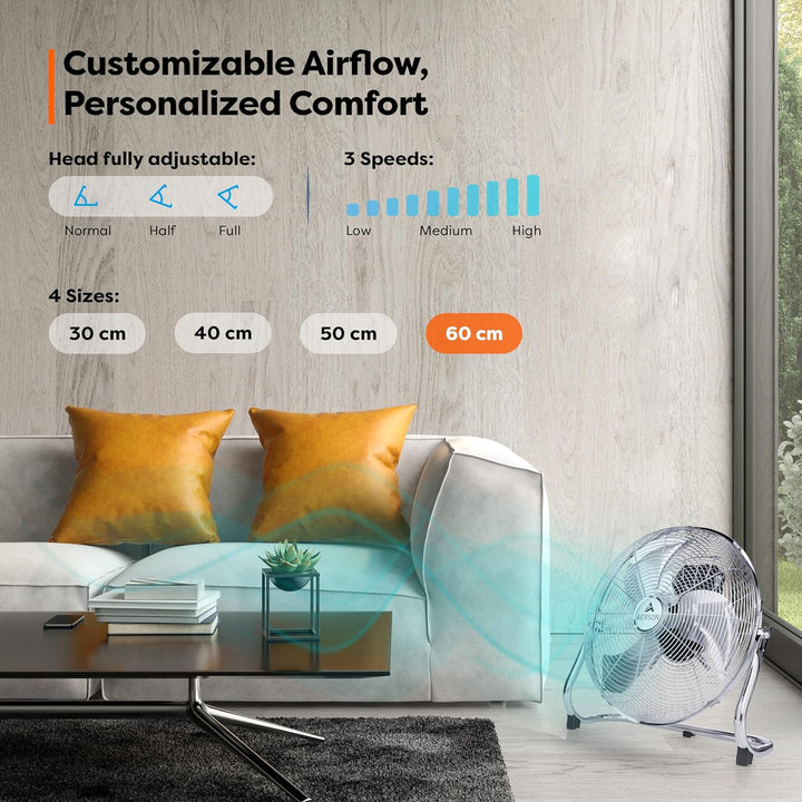 TRESKO AERSON Bodenventilator 60cm | Windmaschine mit 3-Leistungsstufen 200W | Standventilator Venti