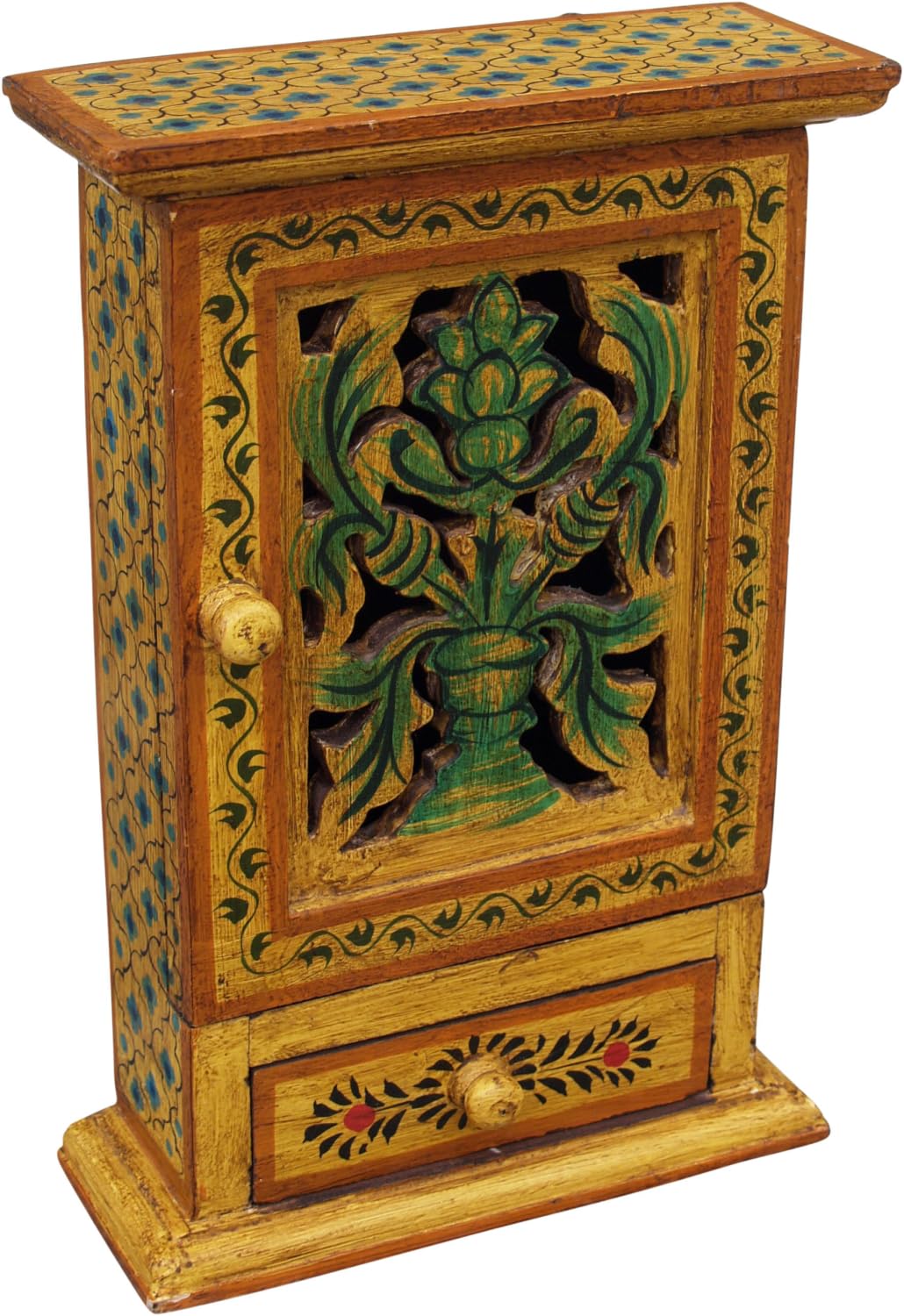 GURU SHOP Schlüsselkasten, Bemalte Schlüssel Ablage Box mit Tür - Muster 4, Mehrfarbig, 30x23x9 cm,