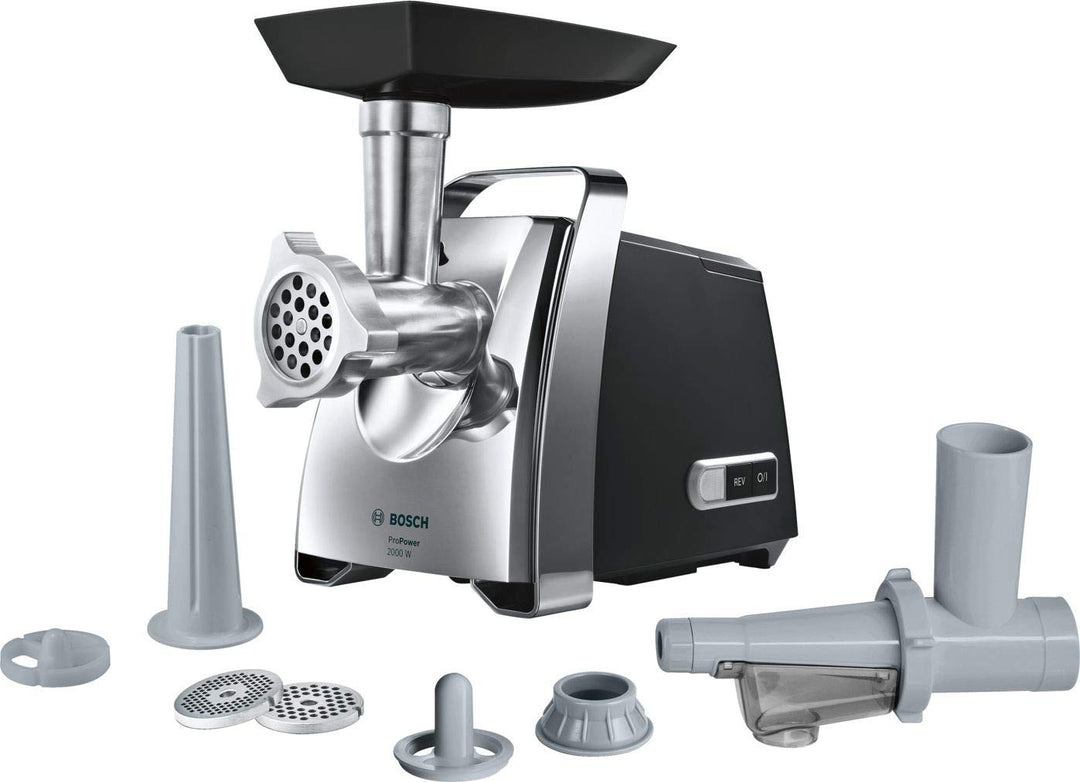 Bosch MFW67450 ProPower Fleischwolf 2000 W, 3 Lochscheiben aus Edelstahl, Wurstfüller, Kebbe-Aufsatz
