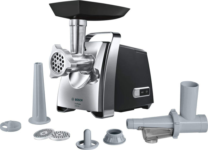 Bosch MFW67450 ProPower Fleischwolf 2000 W, 3 Lochscheiben aus Edelstahl, Wurstfüller, Kebbe-Aufsatz