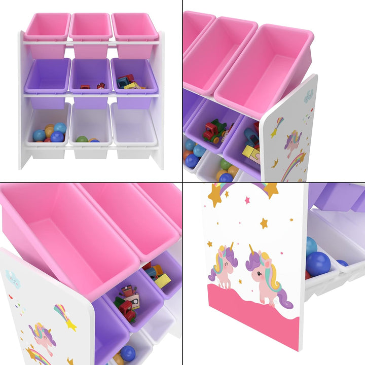 [en.casa] Kinderregal Muxía mit 9 Aufbewahrungsboxen Spielzeugregal mit Einhorn-Motiv Spielregal Wei