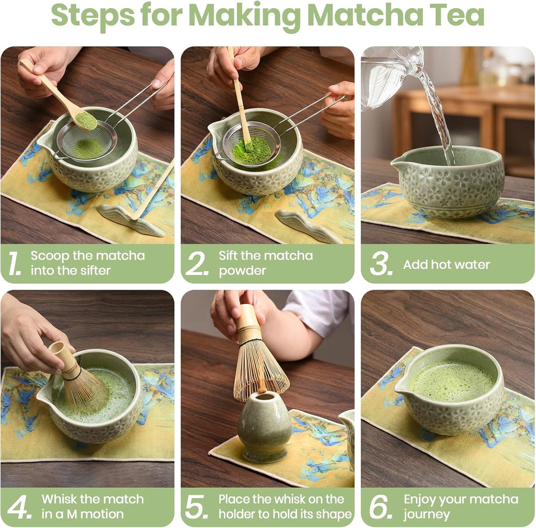 9‑in‑1 Matcha Set mit Matchaschale (560ml), Glas, Bambusbesen, Bambuslöffel, Sieb & Teematte – Japan