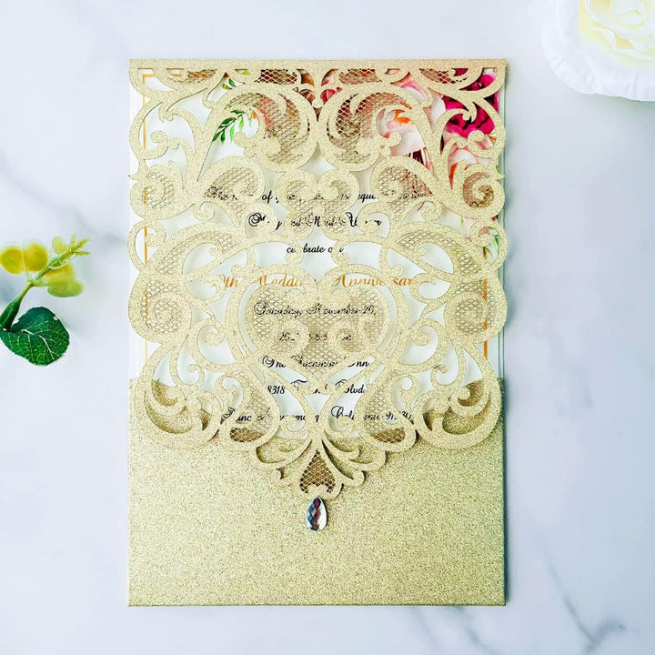 Hosmsua Blnak Hochzeitseinladungskarten mit Strass und Umschlägen, lasergeschnitten, Champagner-Gold