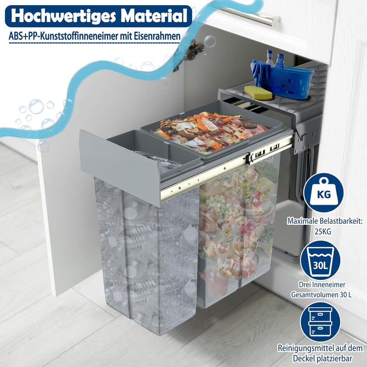 Grau 1 x 20L + 1 x 10L Einbaumülleimer Mülltrennsystem Ausziehbar Mehrfachbehälter Abfallsammler Sch
