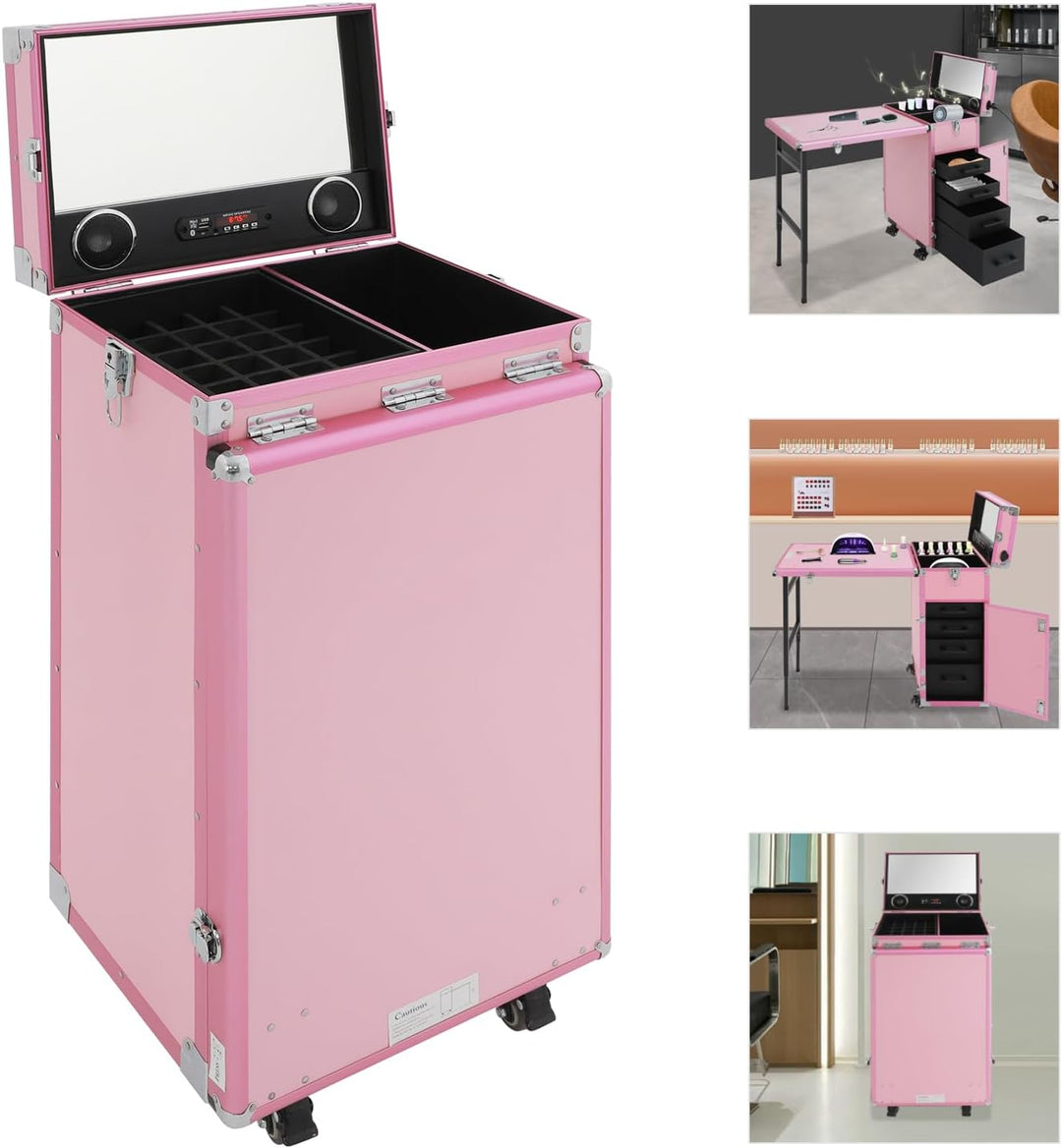 Nageltisch Maniküretisch, Faltbar Mobile Rolling Maniküre Tisch mit Fernbedienung und Make-up-Zug Ko