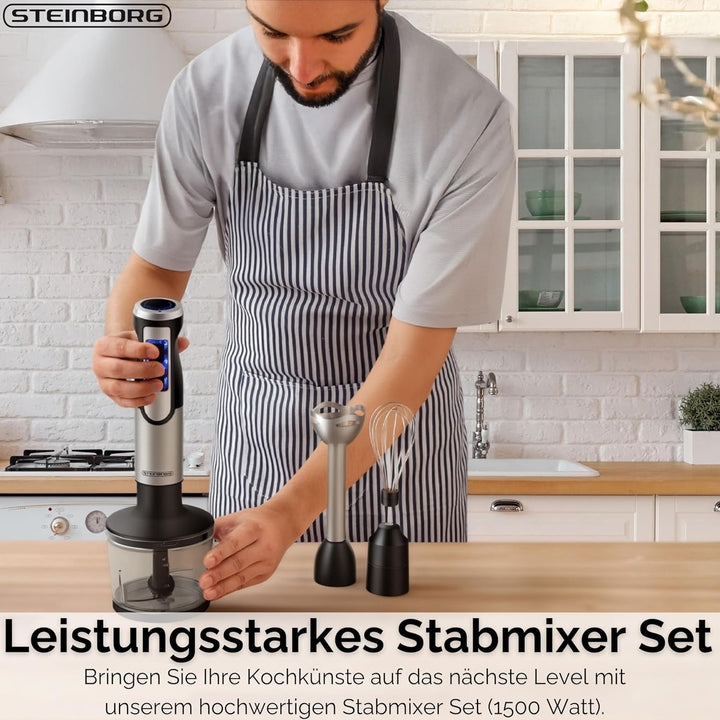 Steinborg® Stabmixer Set 1.500 Watt Edelstahl Pürierstab Schneebesen Zerkleinerer - 500 ml Mixbehält