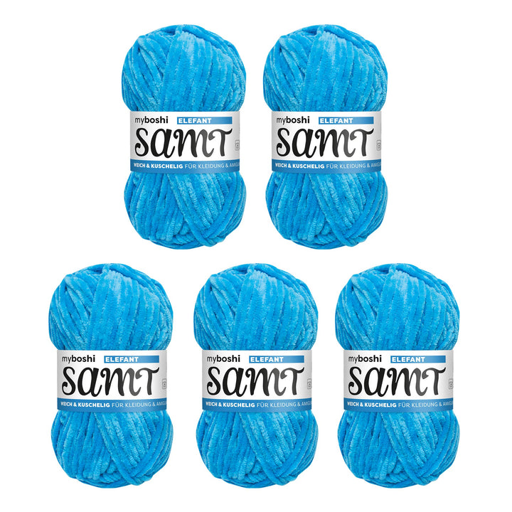 myboshi Samt, 100% Chenille-Garn, Blau - Elefant, 100g, 100m, 5 Knäuel, Wolle zum Häkeln und Stricke