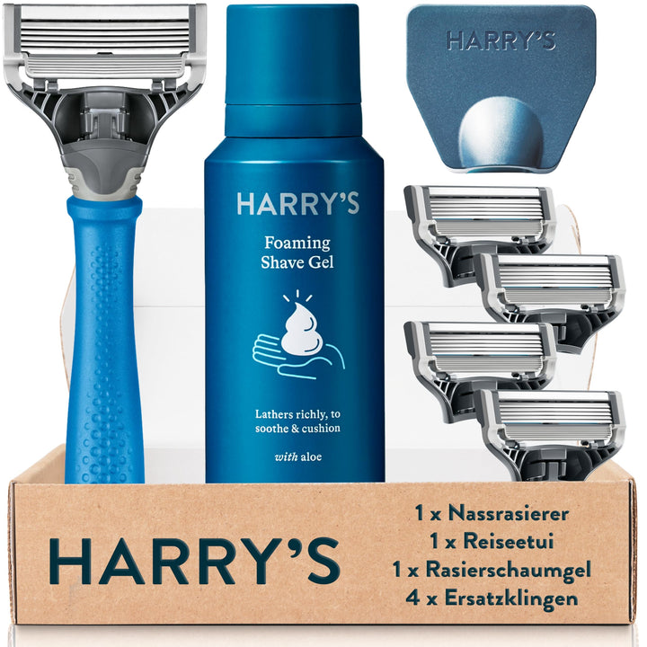 Harry’s Nassrasierer für Männer – Rasier-Set mit blauem Griff, 4 Ersatz-Rasierklingen, Reise-Klingen