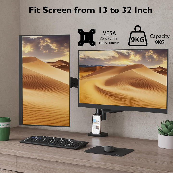 BONTEC Monitor Halterung 2 Monitore für 13-32 Zoll, Doppel Monitorhalterung Höhenverstellbar mit 9 k