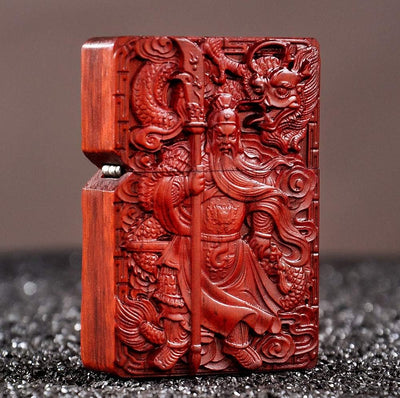 Generic Natural Huanghuali Rosewood Carving Lichter Outer Case for Zippo Module Guan Gong Yu Warrior