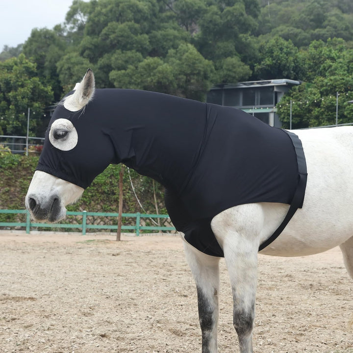 Leberna Lycra Stretch-Pferd Kapuze mit Reissverschluss - vollen Gesicht-Hals-Abdeckung S Schwarz, S