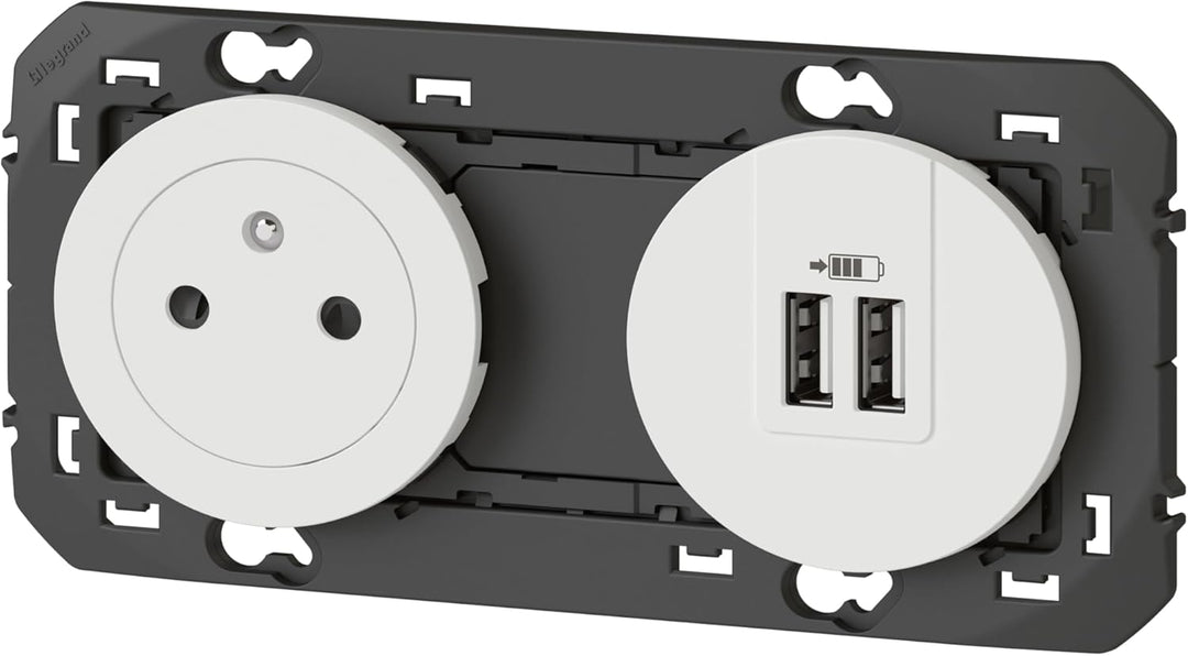 Steckdose 2P + T Surface + Ladegerät 2 USB Typ A DOOXIE 3A vorverdrahtet Weiss