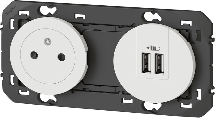 Steckdose 2P + T Surface + Ladegerät 2 USB Typ A DOOXIE 3A vorverdrahtet Weiss