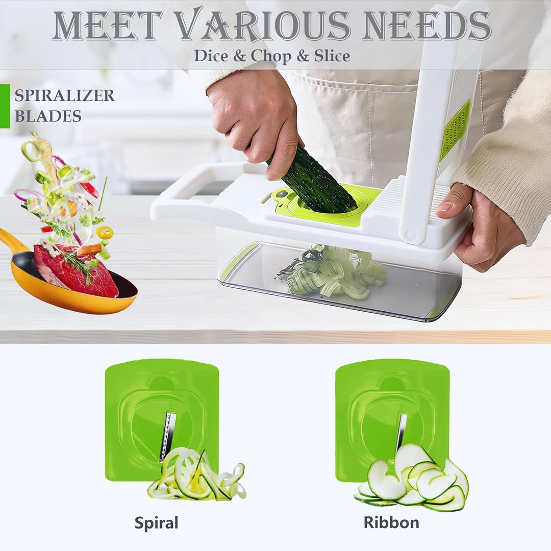 Gemüseschneider Gemüsehobel Reibe Zwiebelschneider Mandoline Dicer Chopper, Weiss 10 Klinge