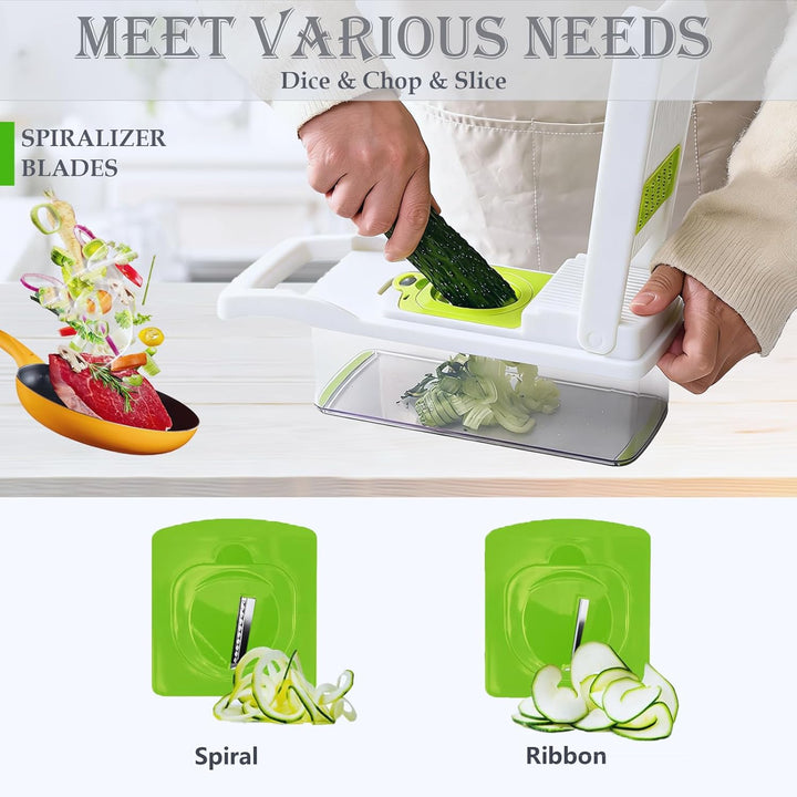 Gemüseschneider Gemüsehobel Reibe Zwiebelschneider Mandoline Dicer Chopper, Weiss 10 Klinge
