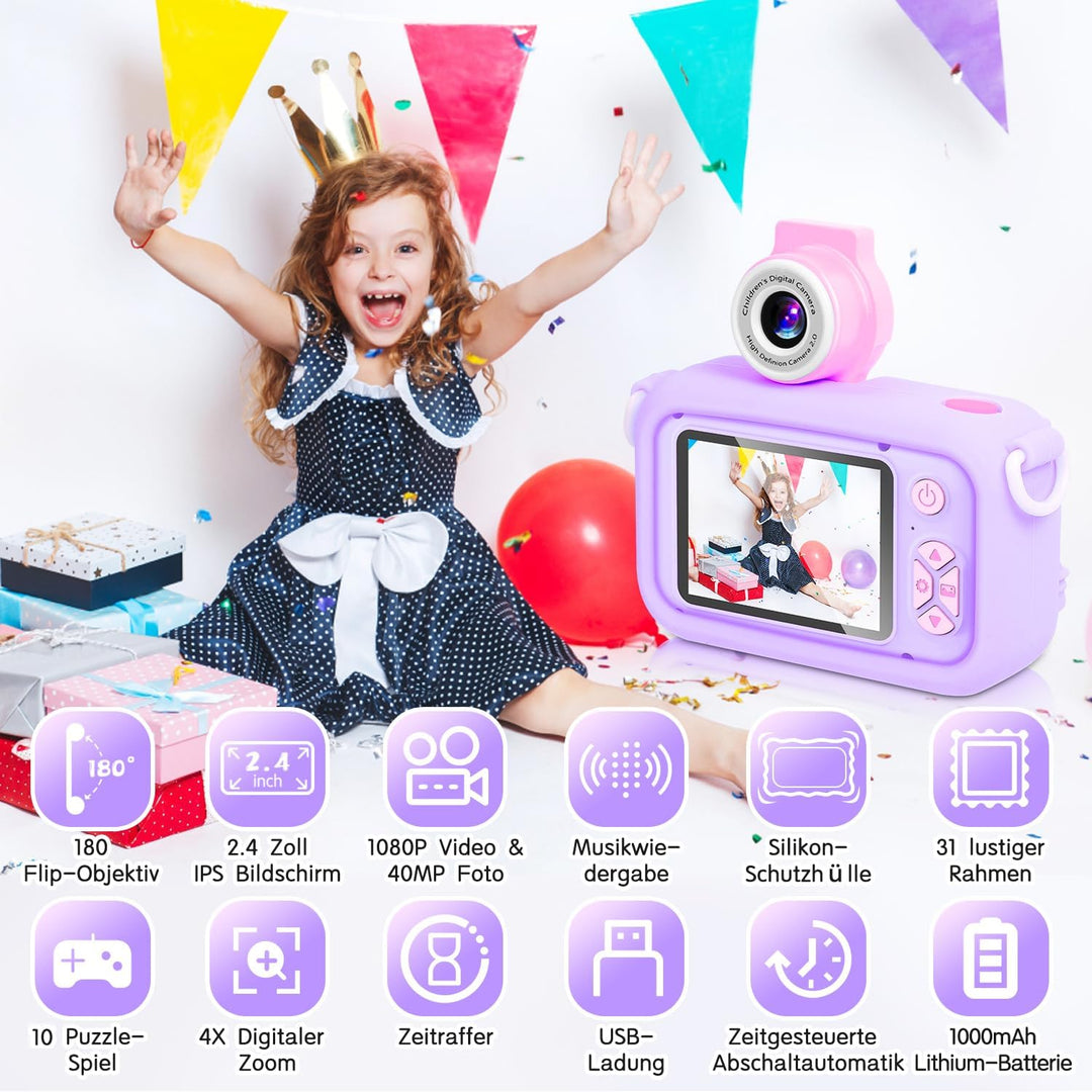 Kinderkamera, ARNSSIEN 180° Flip Lens Kamera für Kinder, 2.4in IPS LCD Digitalkamera mit Gehäuse, Ki