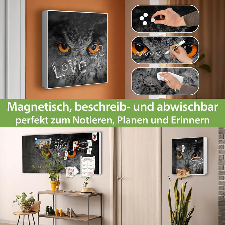banjado® Grosser Schlüsselkasten Glas/Schlüsselbox 30cm x 30cm mit 50 Haken - Motiv Uhu/Schlüsselkas
