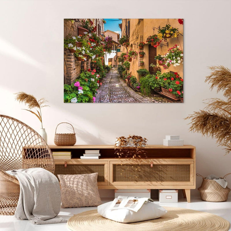 ARTTOR Bilder auf Leinwand 100x70cm Leinwandbild Path Blumen Haus Hof Gross Wanddeko Bild Schlafzimm