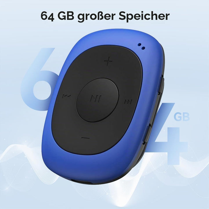 AGPTEK Mini Clip 64GB MP3 Player mit Bügel-Kopfhörer und Silikon Hülle, Leichter Sport Musik Player