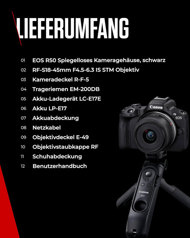 Canon EOS R50 Creator Kit Vlogging Kamera + RF-S 18-45 is STM Objektiv + Griffstativ + Mikrofon - Sp