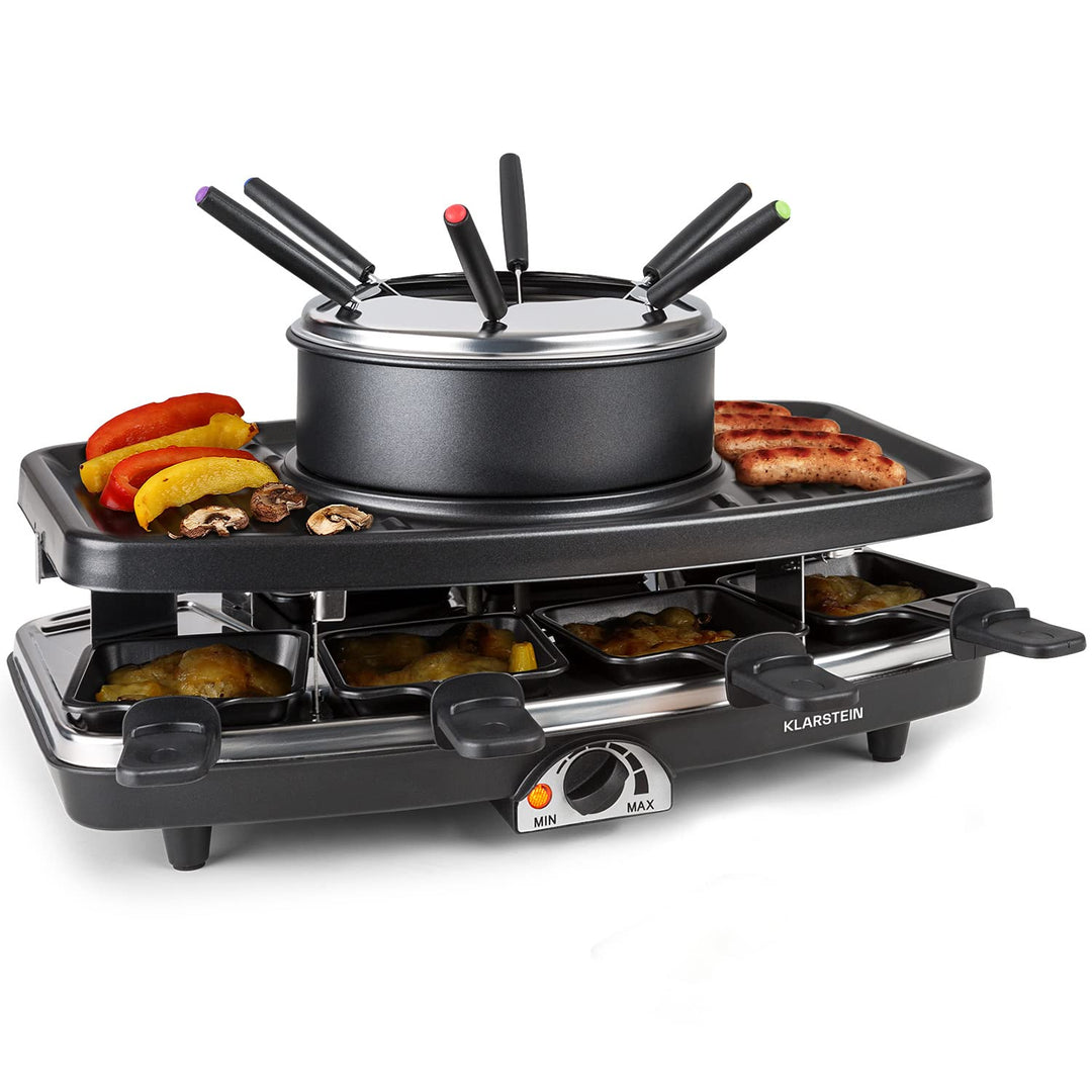 Klarstein Entrecote Raclette - Fondue, Tischgrill, Partygrill, 1100 Watt, 8 Pfännchen, Antihaftbesch