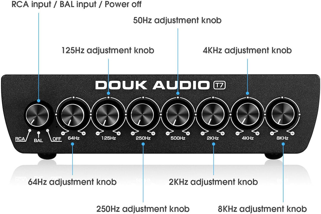 Douk Audio T7 7-Band Equalizer, Ausgewogener XLR/RCA Vorverstärker für Heimverstärker