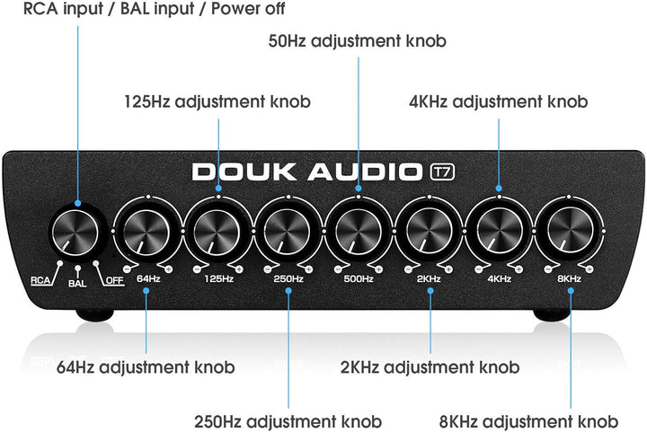 Douk Audio T7 7-Band Equalizer, Ausgewogener XLR/RCA Vorverstärker für Heimverstärker
