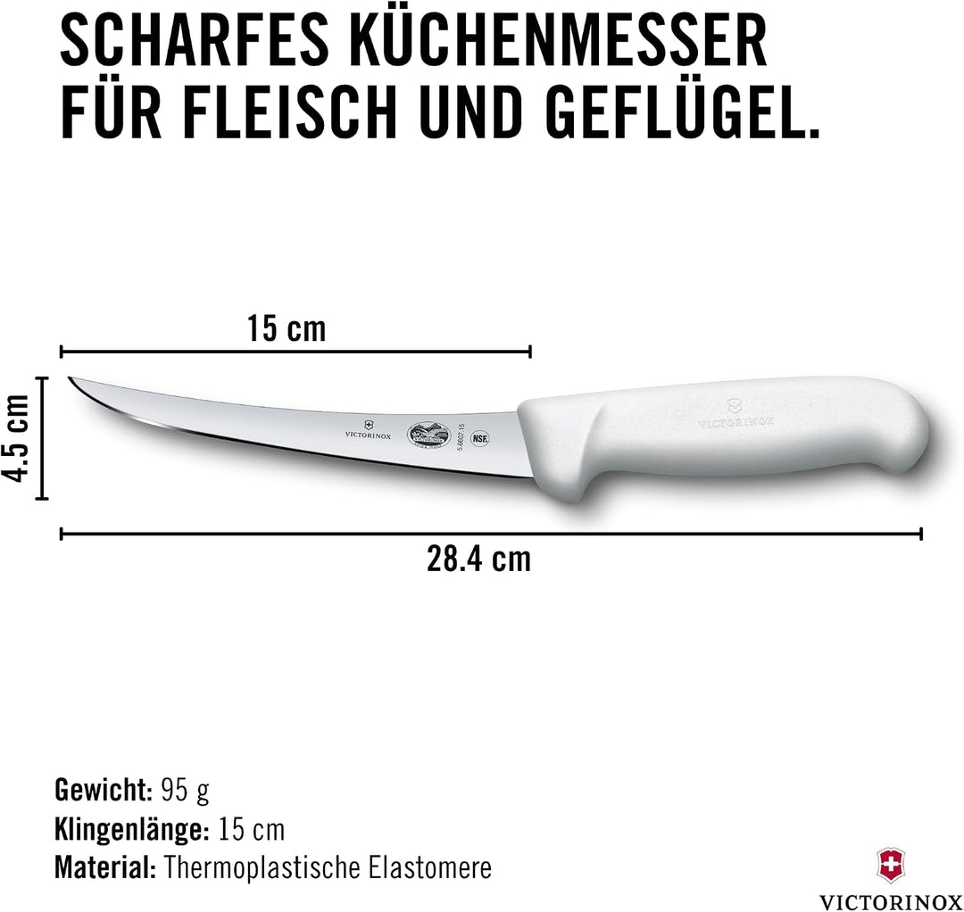 Victorinox Fibrox Ausbeinmesser, Scharfes Küchenmesser für Fleisch und Fisch, 15 cm, Gebogene Klinge