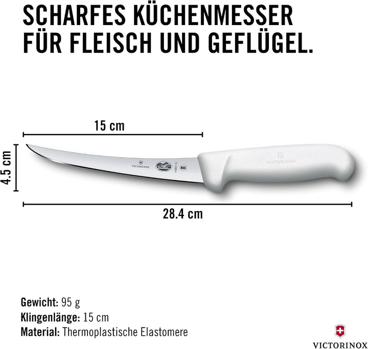 Victorinox Fibrox Ausbeinmesser, Scharfes Küchenmesser für Fleisch und Fisch, 15 cm, Gebogene Klinge