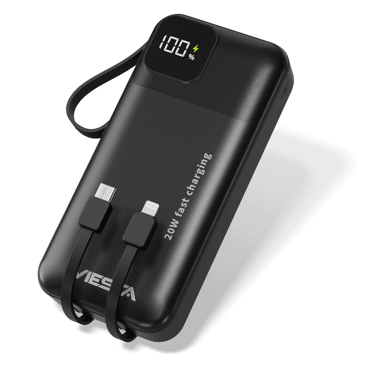 Powerbank 20.000 mAh Schwarz – 22,5 W Schnelllade-Powerbank mit PD 20W, integriertem USB-C- & Lightn