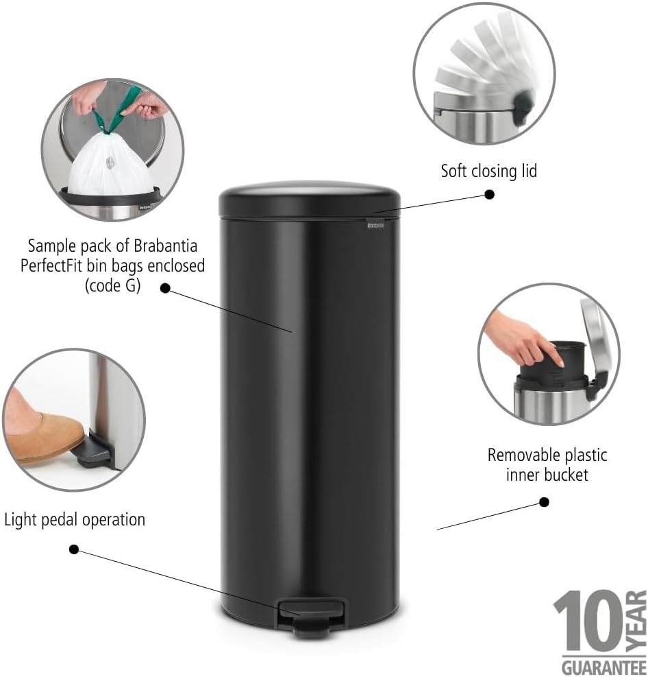 Brabantia 114540 Treteimer mit Inneneimer aus Kunststoff,stahl,Matt Schwarz,30 Liter Matt Schwarz 30