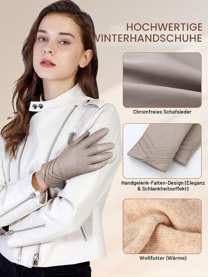 GSG SINCE 1998 Lederhandschuhe Damen aus chromfreiem Lammfell, Gefüttert mit Wolle/Kunstfell, Thermo