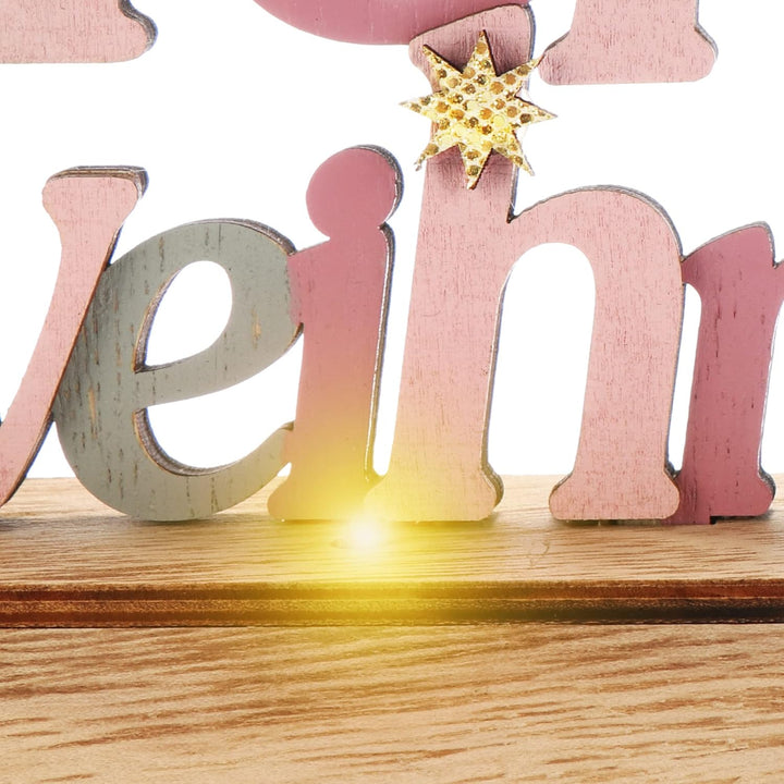 com-four® LED Deko Aufsteller aus Holz - beleuchteter Schriftzug auf Holzsockel - Deko-Schriftzug zu