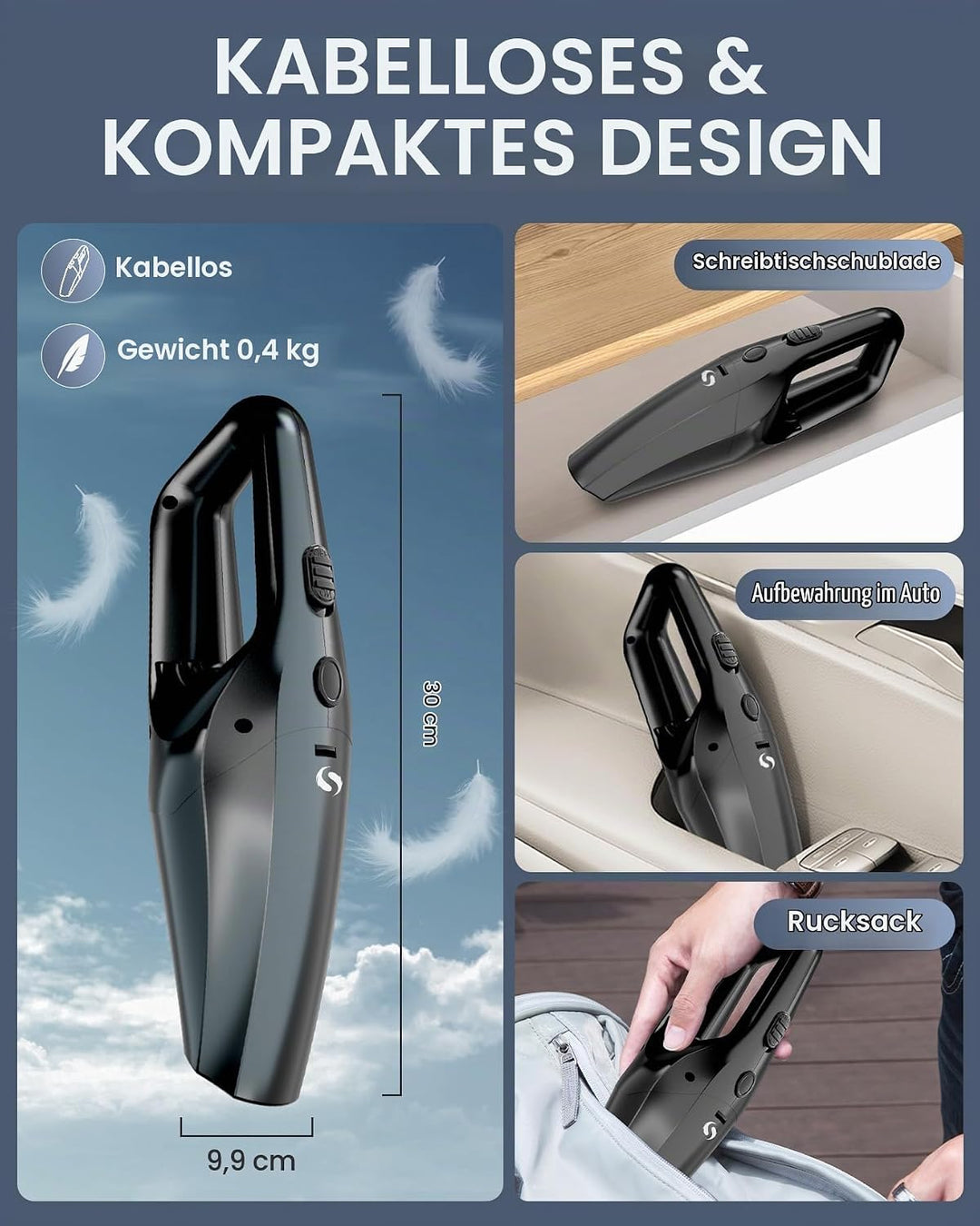 Handstaubsauger Akku, leistungsstarker Autostaubsauger, Mini Staubsauger mit Schnellladung und wasch