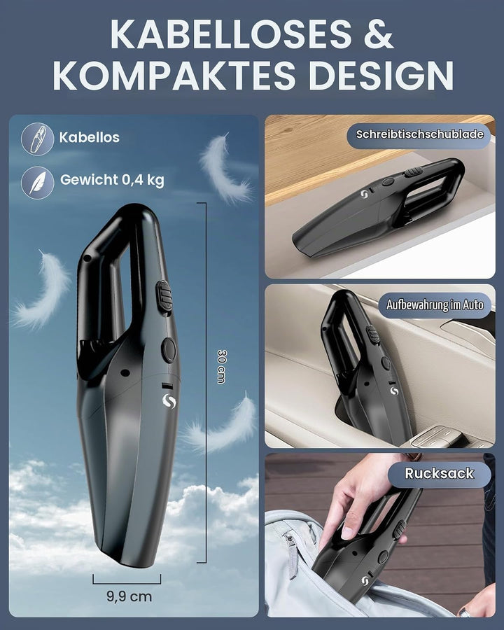 Handstaubsauger Akku, leistungsstarker Autostaubsauger, Mini Staubsauger mit Schnellladung und wasch
