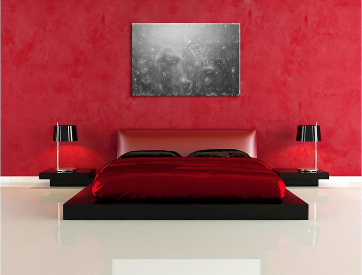 Pixxprint Mohn und Schmetterling Kunst / 100x70cm Leinwandbild bespannt auf Holzrahmen/Wandbild Kuns