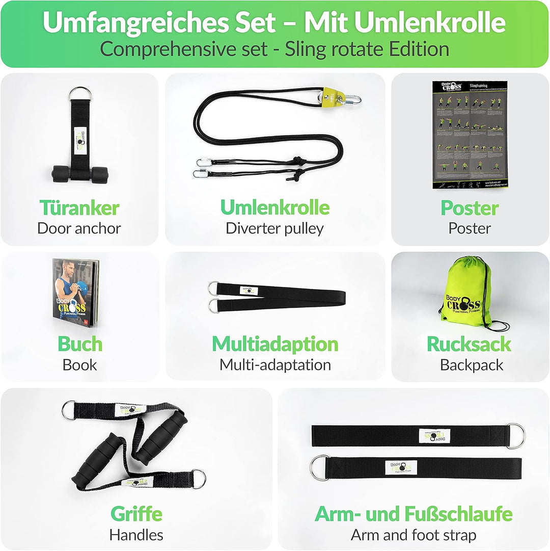 BodyCROSS Premium Schlingentrainer mit Umlenkrolle für zuhause| Türanker, Befestigung, Poster & Trai