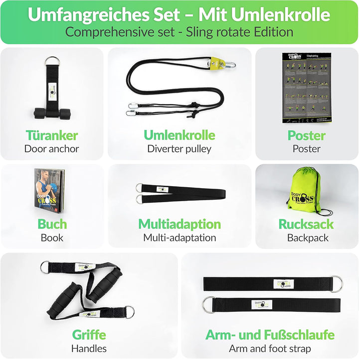 BodyCROSS Premium Schlingentrainer mit Umlenkrolle für zuhause| Türanker, Befestigung, Poster & Trai