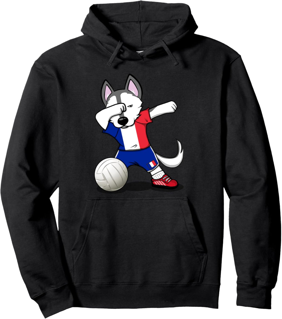 Dabbing Husky Hund Frankreich Volleyball Französische Flagge Pullover Hoodie