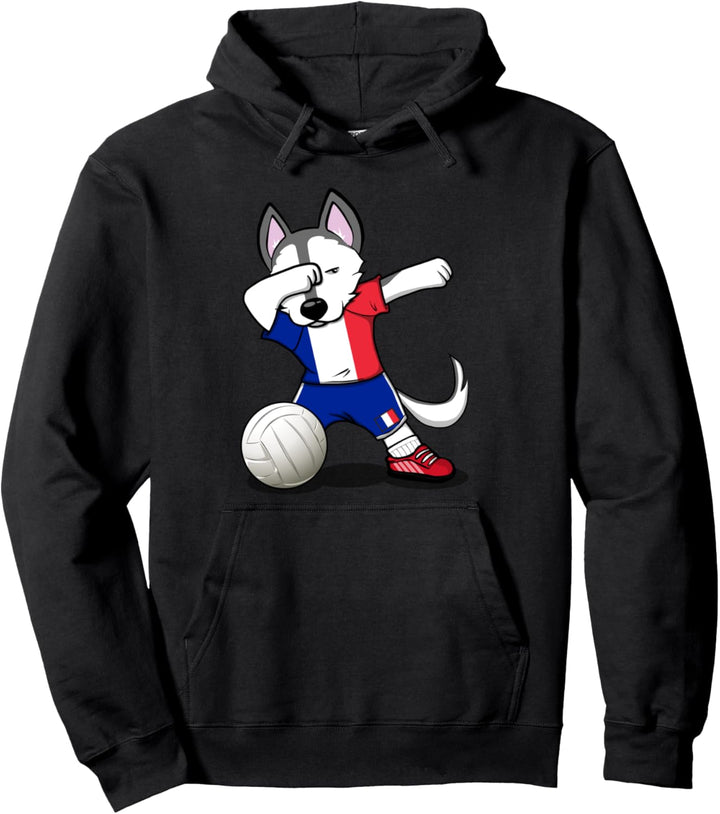 Dabbing Husky Hund Frankreich Volleyball Französische Flagge Pullover Hoodie