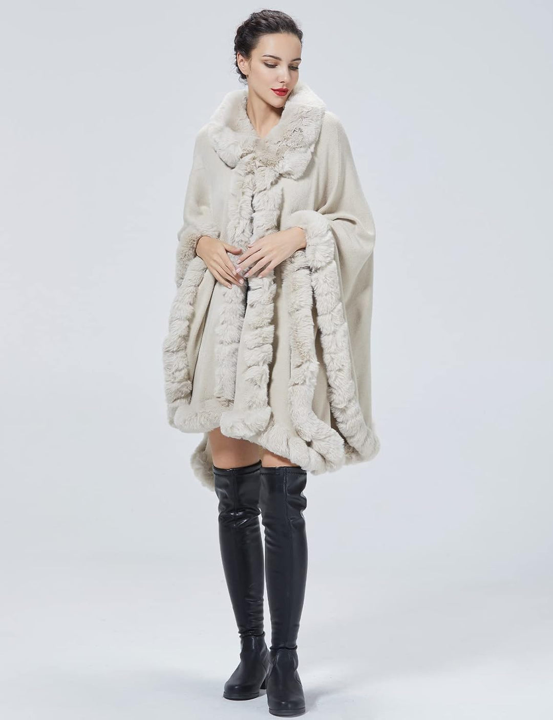 BEAUTELICATE Kunstpelz Poncho Cape Strick Damen Winter Kunstfell Stola Schal Cape Cardigan Warm mit