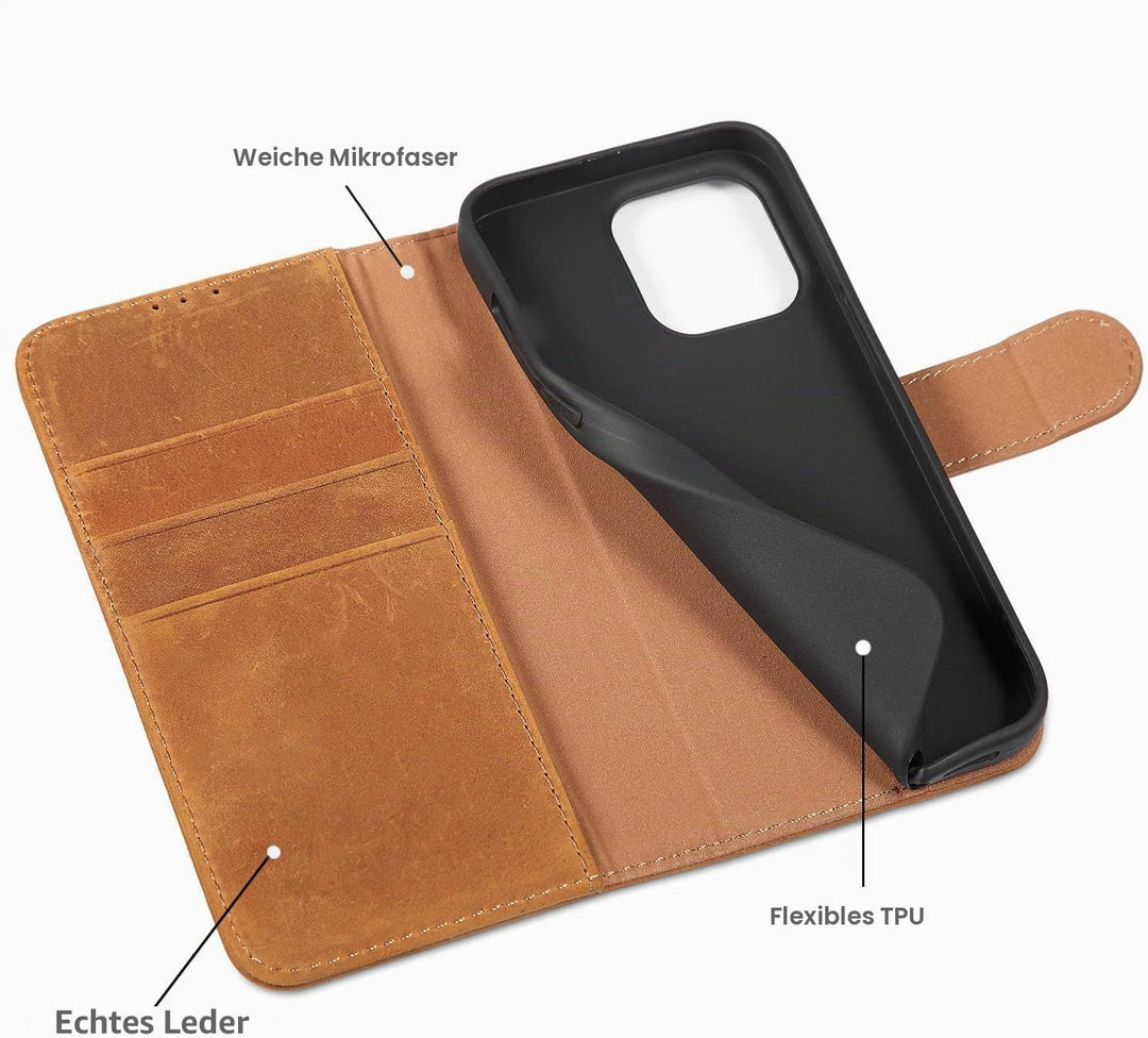 LENSUN Echtleder Hülle für iPhone 13 Pro, Handyhülle [Echtes Leder][Magnetverschluss][RFID Schutz] H