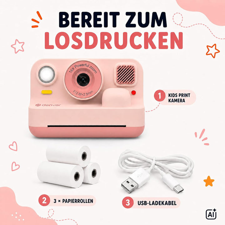 Denver Kinderkamera 48 MP mit Sofortdruck, Bluetooth, Full HD, Rosa